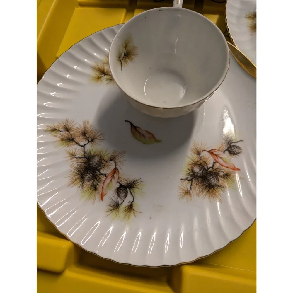 Vintage Japan Pine Needles And Cones, Shell Shaped Snack Plate &Tea Cup  3 Sets